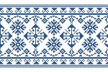 Zmijanski geleneksel çapraz ilmek stili kusursuz desen - Bosna-Hersek halk sanatından esinlenen uzun yatay tasarım