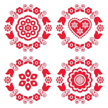 Polish folk art vector mandala design collection with flowers and hearts - perfect for greeting card or wedding invitation clipart