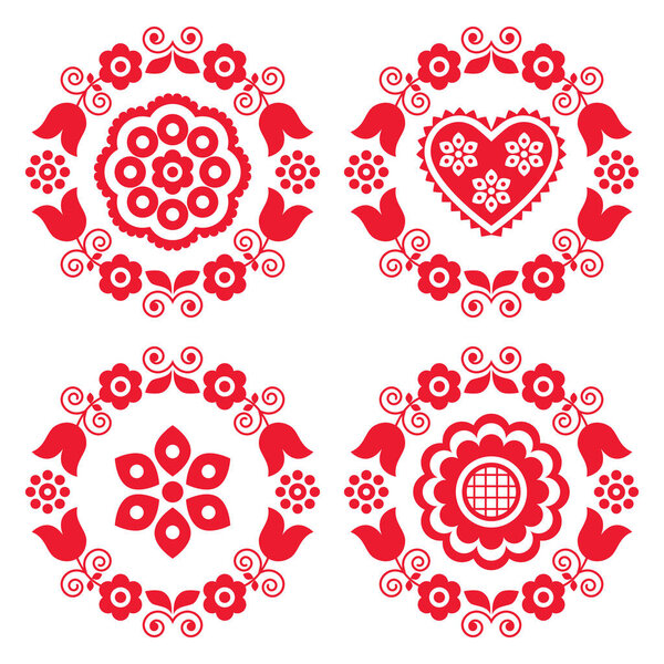 Коллекция векторного дизайна польского народного искусства с цветами и сердцами - идеальное место для поздравительной открытки или свадебного приглашения