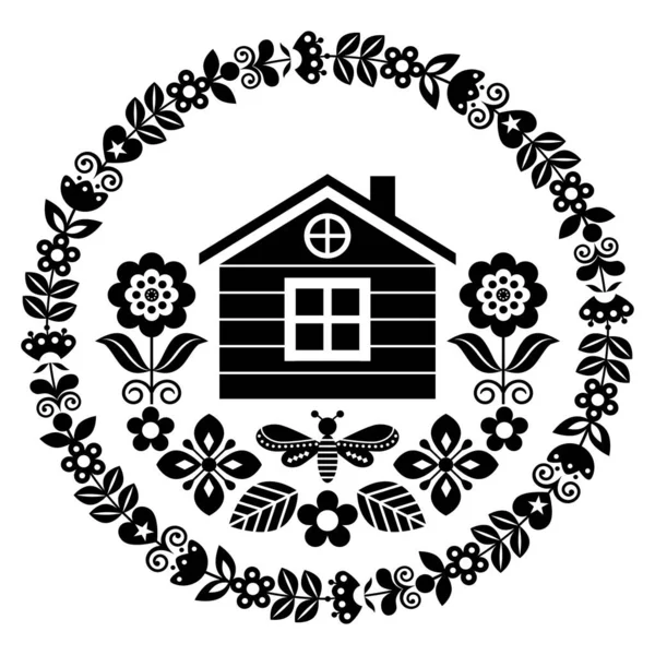 Scandinavische Folk Kunst Vector Schattig Bloemmotief Met Fins Noors Huis — Stockvector