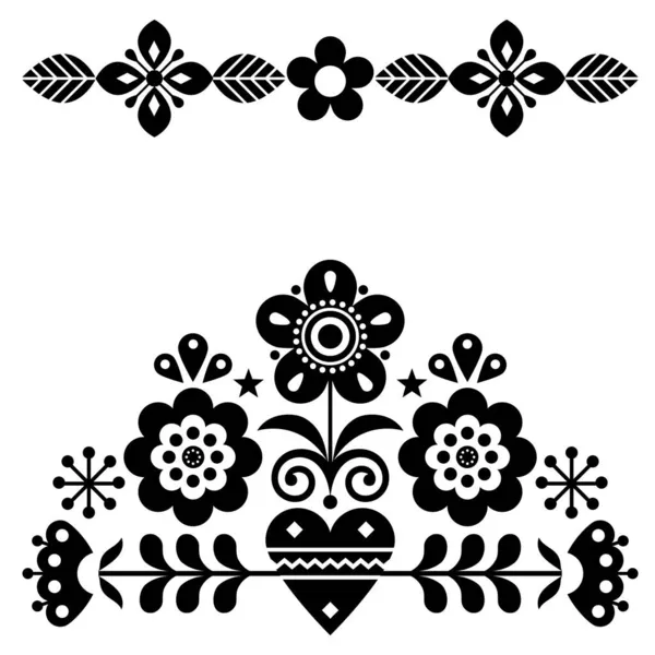 北欧のかわいい民俗ベクトル黒と白のグリーティングカードパターン花 スウェーデン ノルウェー デンマークからの伝統的な刺繍に触発秋の花のデザイン — ストックベクタ