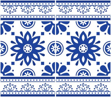 Portekiz Azulejo fayansları çerçeveli veya kenarlı kusursuz vektör deseni - lacivert çiçekli dekoratif fayans tasarımı