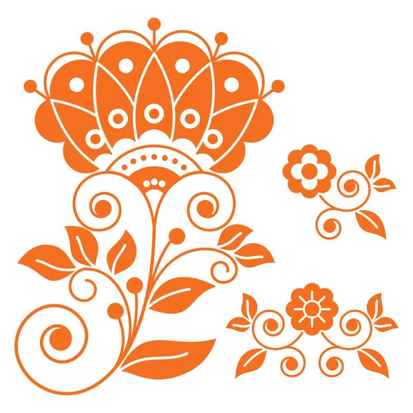 北欧民俗芸術の花ベクトルデザイン スウェーデンの伝統芸術に触発オレンジのレトロな花パターンコレクションを設定します — ストックベクタ