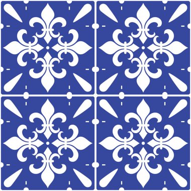 Portekiz Azulejo fayanssız vektör decratif deseni Fleur de lis motifli, lacivert soyut geometrik tasarımı