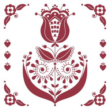 İskandinav halk sanatı çiçek vektör tebrik kartı tasarımı kahverengi çiçek ve koniler, İsveç 'in geleneksel nakışlarından esinlenilmiş retro çiçek desenleri