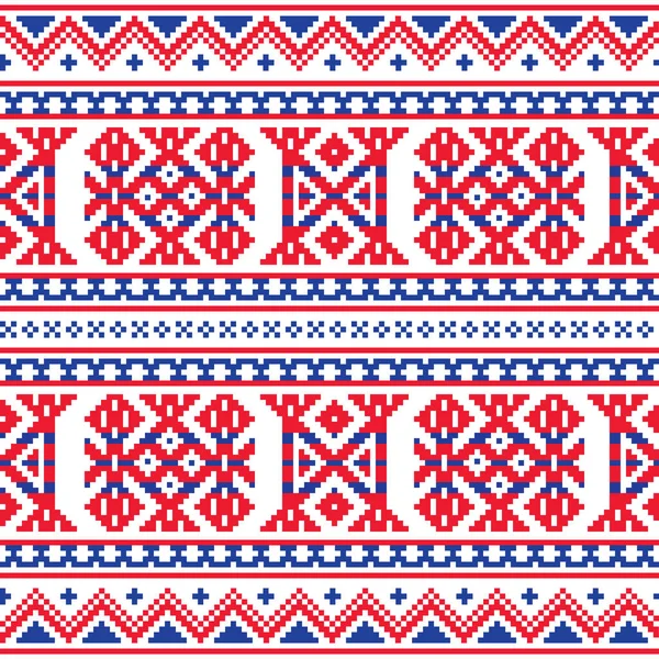 萨米族民间艺术矢量无缝图案 复古设计风格为传统十字绣装饰拉普兰红蓝相间 — 图库矢量图片