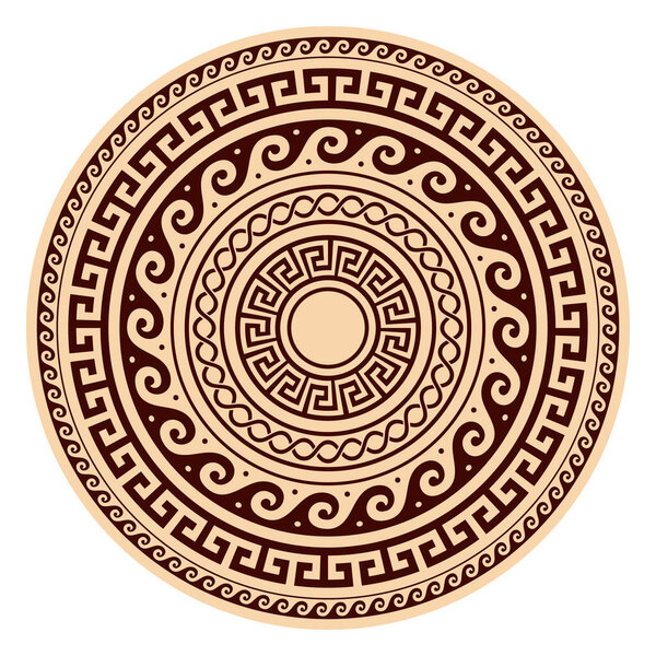 Greek vector boho mandala design with key pattern, flowers and waves, black yoga pattern in brown on yellow background 