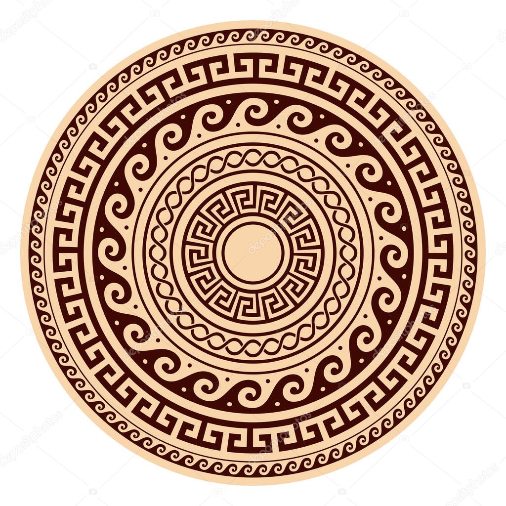 Greek vector boho mandala design with key pattern, flowers and waves, black yoga pattern in brown on yellow background 