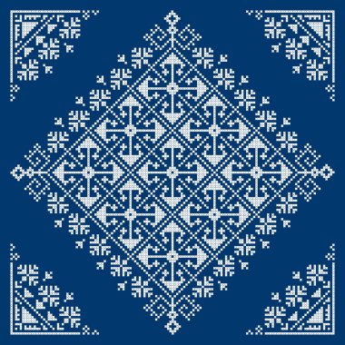 Bosna-Hersek etnik halk sanatı modeli, eski Zmijanje nakış desenli kare süslemeli ve lacivert köşeli.