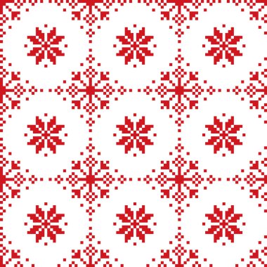 Noel kış vektörü pürüzsüz kırmızı ve beyaz desen - İskandinav ve İskandinav çapraz dikişli kar tanesi tasarımı