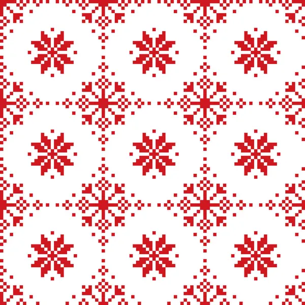 クリスマス冬のベクトルシームレスな赤と白のパターン 北欧と北欧のクロスステッチの雪の結晶デザイン — ストックベクタ
