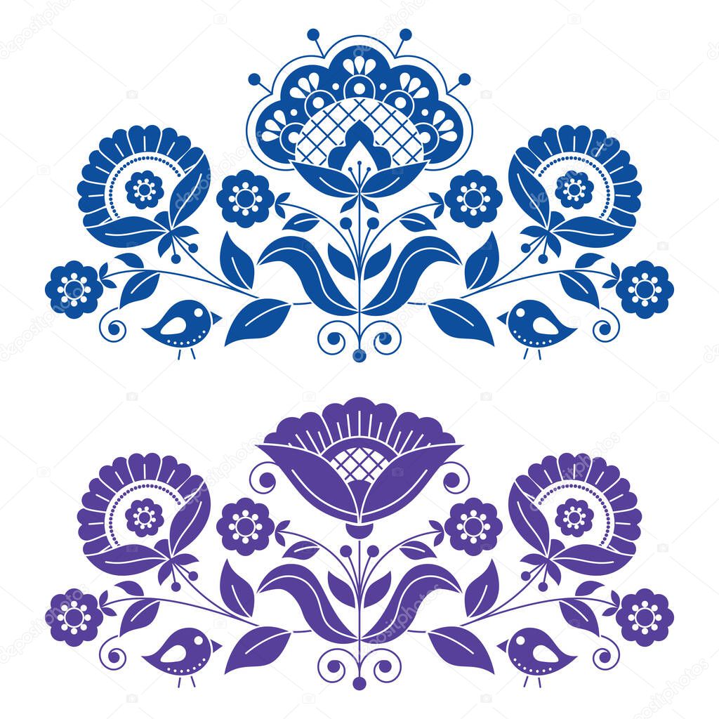 Swedish floral folk art vector greeting card design elements inspired by traditional Scandinavian embroidery patterns in blue and purple