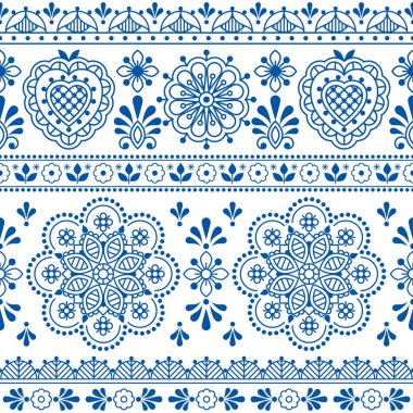 İskandinav halk sanatı mavi vektör dikişsiz tekstil ya da kumaş baskısı, dantelli ve nakışlı arkaplanlardan esinlenen çiçeklerden esinlenerek tekrar eden sevimli tasarım