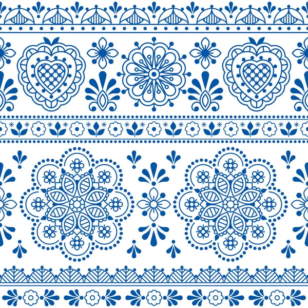 北欧の民俗芸術青いベクトルシームレスなテキスタイルやファブリックプリント レースや刺繍の背景に触発された花とかわいい反復デザイン — ストックベクタ