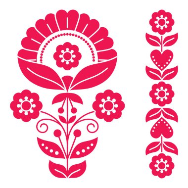 İsveç folkloral sanat tasarım koleksiyonu, İskandinav desenleri, geleneksel nakışlardan esinlenerek kırmızı veya pembe çiçekler. 