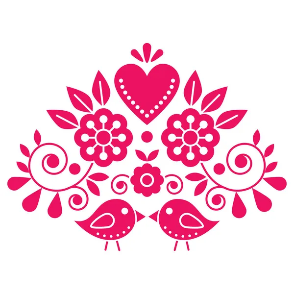 受斯堪的纳维亚传统艺术 情人节贺卡或婚宴请柬设计的启发 瑞典的民间艺术载体采用粉色小鸟 红心和花朵的可爱图案 — 图库矢量图片