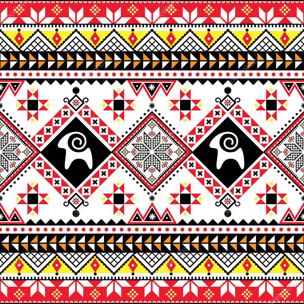 Ukrainian Hutsul Pisanky vector seamless pattern with goats, folk art geometric Easter eggs repetitive design 