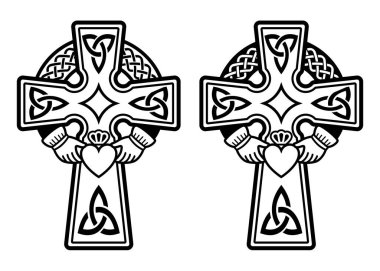 İrlanda Kelt haçı ile Claddagh yüzüğü - kalp ve el vektör tasarımı seti - İrlanda 'da Aziz Patrick Günü kutlaması