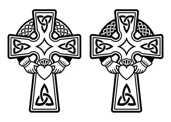 Irisch Keltisches Kreuz Mit Claddagh Ring Vektor Set Mit Herz — Stockvektor