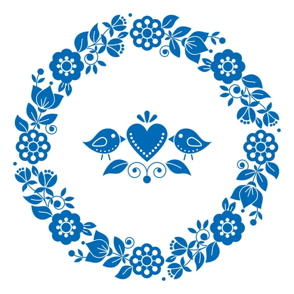 北欧の民俗芸術ベクトルバレンタインデーグリーティングカードや結婚式の招待状のデザイン 花の花輪 鳥や心を青でスウェーデンのパターン — ストックベクタ