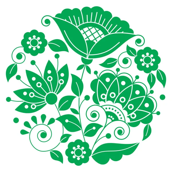 北欧の伝統的な刺繍に触発された緑の花 葉や渦巻きを持つスウェーデンの民俗芸術ベクトル曼荼羅のデザインパターン — ストックベクタ