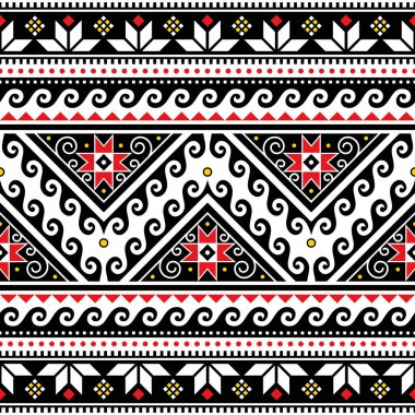 Dalgaları, geometrik şekilleri ve yıldızları olan Ukrayna geleneksel vektörsüz deseni, halk sanatı tarzı Paskalya yumurtaları tekrarlayan tasarımı Hutsul Pisanky 