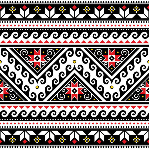 Ukrainian traditional vector seamless pattern with waves and geometric shapes and stars, folk art style Easter eggs repetitive design Hutsul Pisanky 