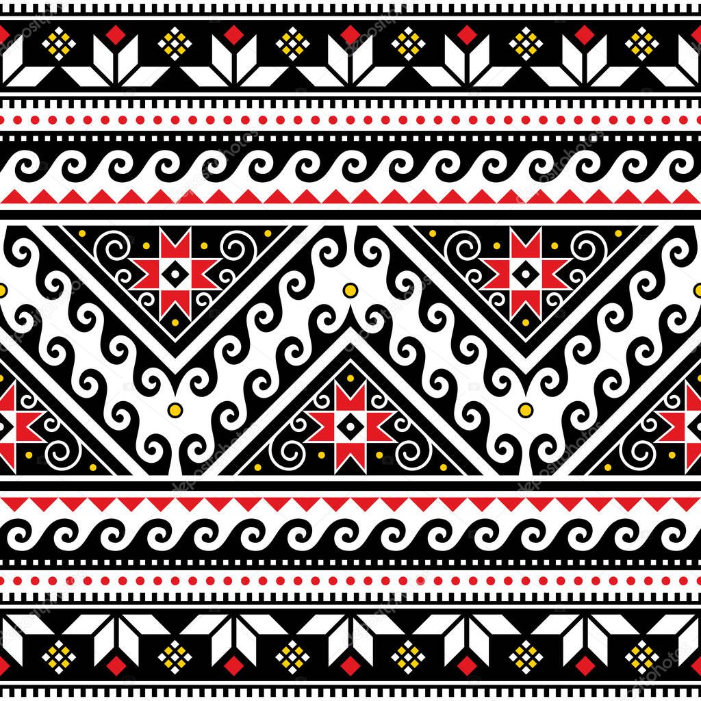 Ukrainian traditional vector seamless pattern with waves and geometric shapes and stars, folk art style Easter eggs repetitive design Hutsul Pisanky 
