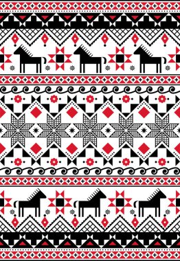 Ukrayna Hutsolos Pysanky atlarla ve geometrik şekillerle kusursuz bir model, halk sanatı Paskalya yumurtaları tekrarlanan tasarım 