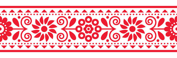 Floral folk art vector seamless embroidery band or belt pattern inspired by traditional designs Lachy Sadeckie from Poland - textile or fabric print ornament