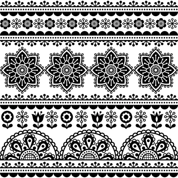 Scandinavian Cute Folk Art Seamless Vector Design Flowers Black White — Stockvektor