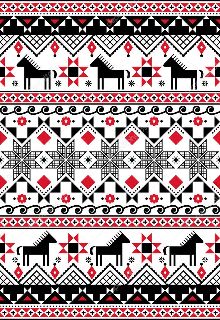 Ukrainian Hutsul Pysanky vector seamless pattern with horses and geometric shapes, folk art Easter eggs repetitive design 