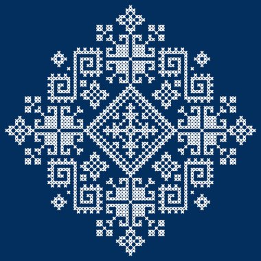 Geleneksel çapraz dikişli vektör deseni - halk sanatı Zmijanje 'nin lacivert üzerine Bosna-Hersek' ten beyaz işlemeli tasarımları olarak biçimlendirilmiş