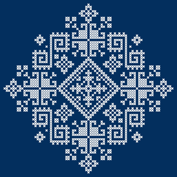 Traditional cross-stitch vector pattern - styled as the folk art Zmijanje embroidery designs from Bosnia and Herzegovina in white on navy blue