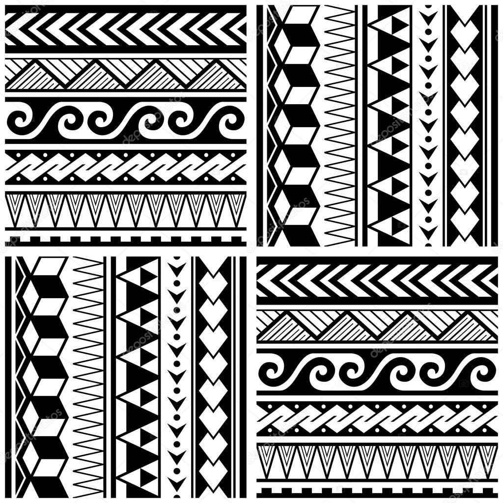 Polynesian tribal seamless vector pattern with geometric shapes - triangles, waves zig-zag, ethnic Hawaiian textile or fabric print in black and whtie