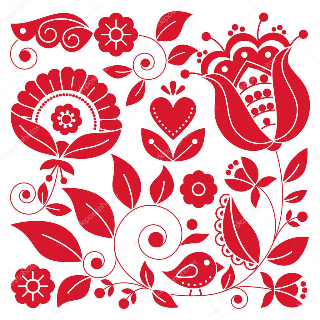 Scandinavian folk art vector square red floral design with bird inspired by traditional embroidery patterns from Sweden - perfect for greeting card or wedding invitation