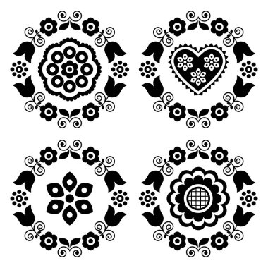 Polish folk art vector black and white mandala design collection with flowers and hearts - perfect for greeting card or wedding invitation