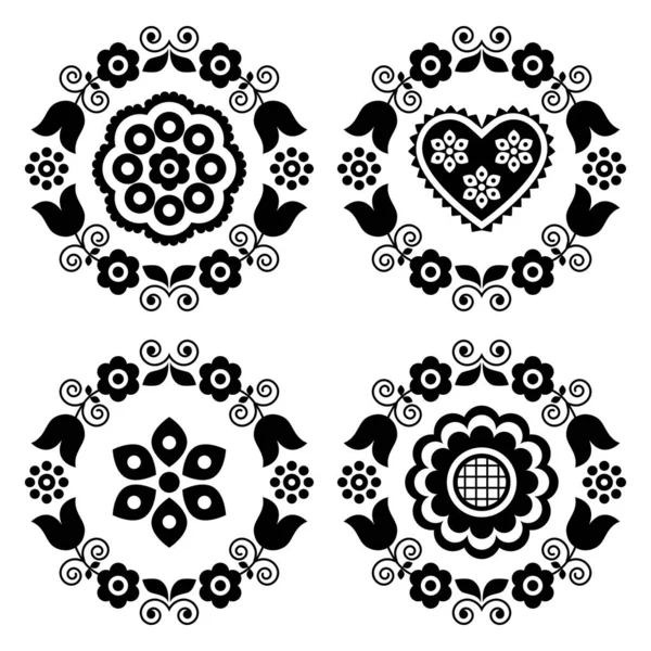 Polish Folk Art Vector Black White Mandala Design Collection Flowers — Vettoriale Stock