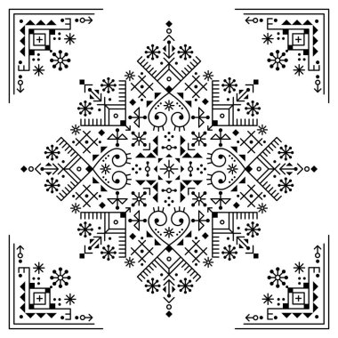 Tribal or neotribal line art vector mandala pattern with corners geometric ornamental design inspired by old Nordic Viking rune art