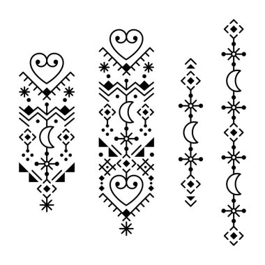 Minimalist kabile ya da neotribal çizgi sanat vektörü. Uzun dikey desenler, uydular ve kalpler. Eski İskandinav Viking Rün sanatından esinlenilmiş geometrik süs tasarımı.