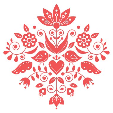 İsveç 'in çilek kırmızısı işlemelerinden esinlenerek çiçeklerle ve kuşlarla geleneksel halk sanatı tasarımı 