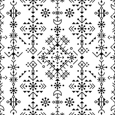 İzlanda 'dan gelen Viking rün süslemelerinden esinlenerek Nordik geometrik kabile çizgisi sanat vektörü kusursuz patent, tekstil ya da kumaş deseni tasarımı