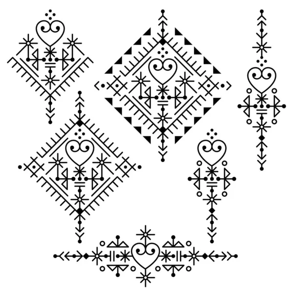 冰岛风格的几何部落线艺术矢量设计集 心形正方形和长方形设计 北欧北欧维京沙丘艺术启发的装饰图案收藏 — 图库矢量图片