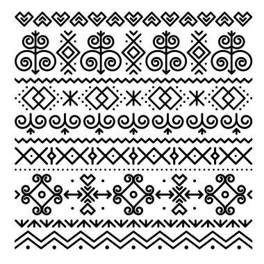 Slovakya halk sanatı tebrik kartı kare desenli soyut geometrik şekiller Zilina bölgesindeki Cicmany köyünden esinlenilmiş ev resimlerinden esinlenilmiş, Slovakya beyazlar üzerine siyahlar içinde