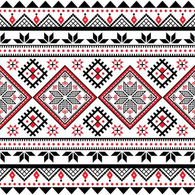 Ukrayna Pysanky vektörü geometrik motifli kusursuz halk sanatı deseni - Hutsul Paskalya yumurtaları tekrarlanan siyah ve kırmızı tasarım