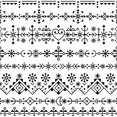 İzlanda stili kabile çizgisi sanat vektörü. Kalpleri, geometrik şekilleri, tekstil veya kumaş desenleri olan dikey düzensiz. Kuzey ülkelerinden gelen Viking rün süslerinden esinlenilmiş.