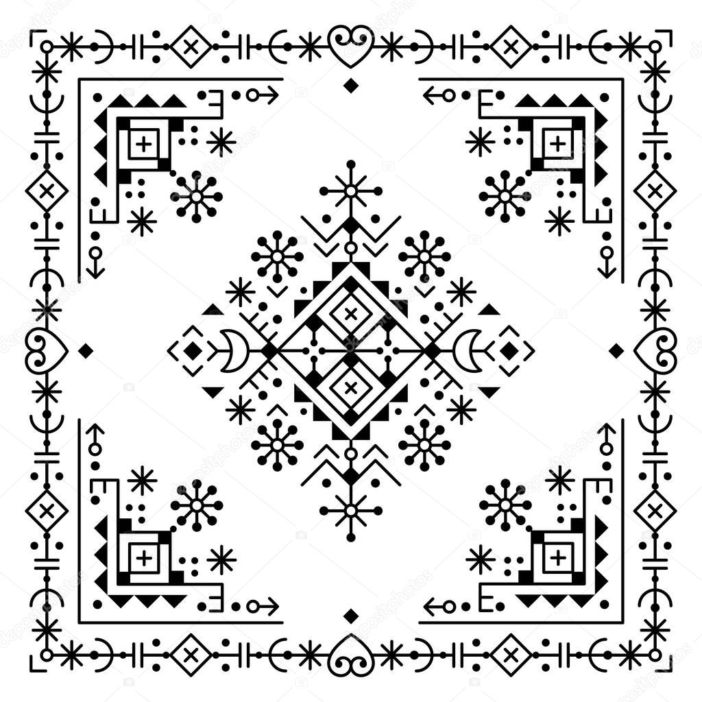 Nordic geometric tribal line art vector square pattern in frame, ornamental ehtnic greeting card design inspired by Icelandic Viking rune art