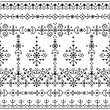 İzlanda stili kabile çizgisi sanat vektörü. Kalpleri, ayları ve geometrik şekilleri olan dikey patentsiz. Tekstil ya da kumaş desenli.