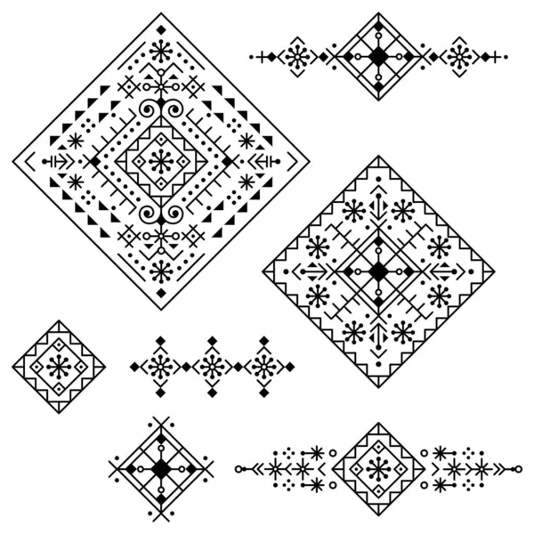 アイスランドの北欧バイキングルーンアートにインスパイアされた幾何学的な部族ラインアートベクトルスクエアデザイン 抽象的なパターンコレクション — ストックベクタ