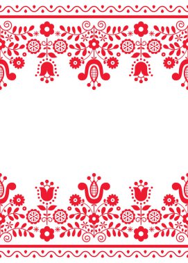 Polonya halk sanatı tebrik kartı tasarımı veya çiçek ve geometrik şekilli düğün davetiyesi, 5x7 biçiminde şirin kırmızı desenli süsleme